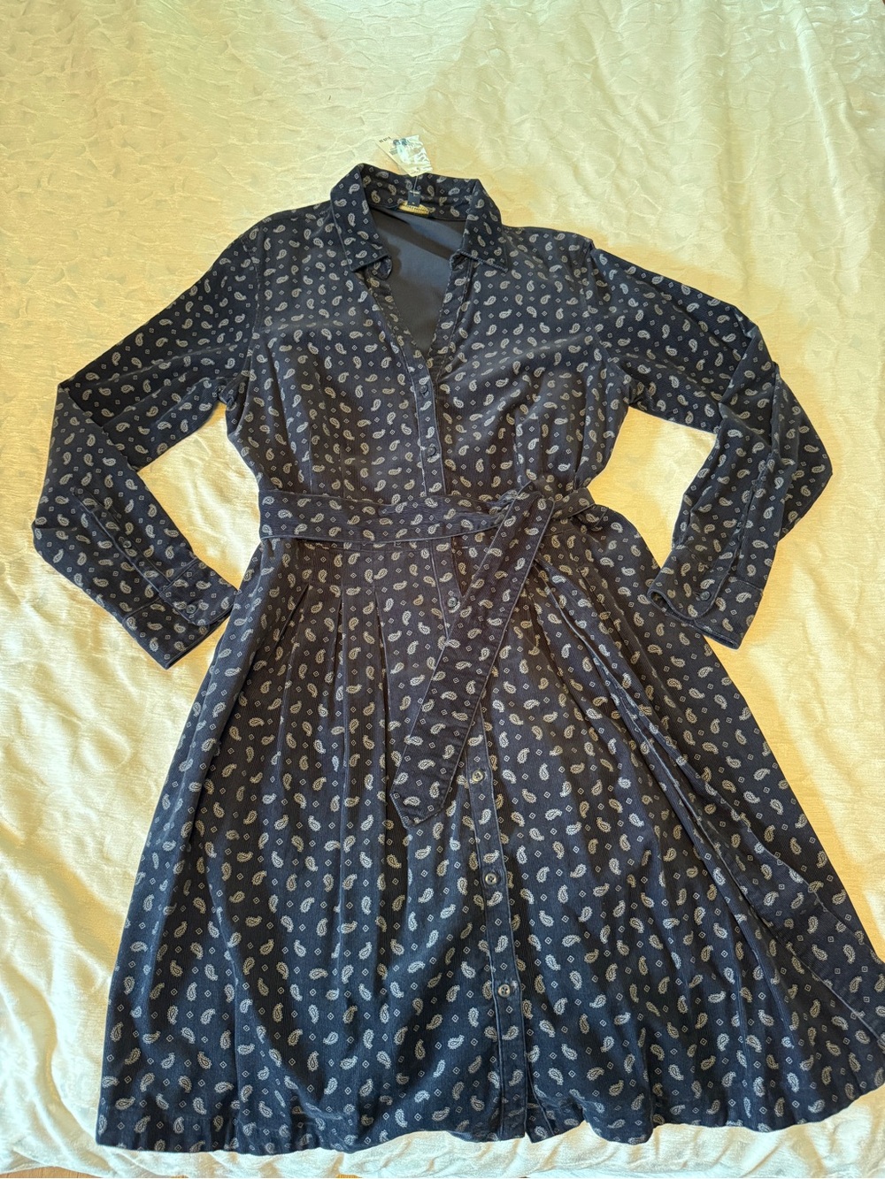 New with Tags, Brooks Brothers Navy Paisley Wrap-Style CorduroyLong Sleeve Dress